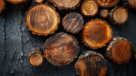 Wooden logs on a black background. Close up view.の素材