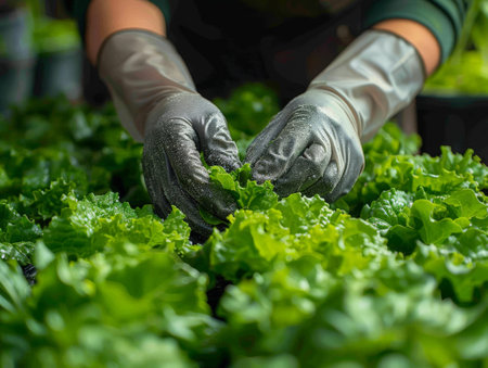Close up of woman's hands working in hydroponic vegetable gardenの素材