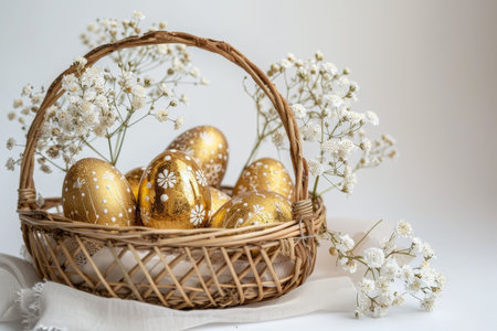 Golden Easter eggs in a basket with gypsophila flowers.の素材