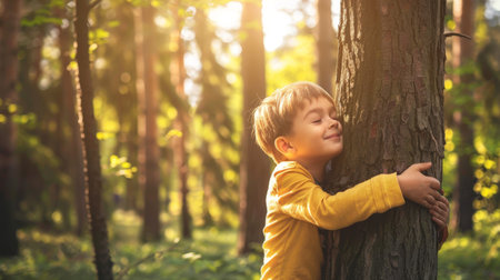 Adorable little boy hugging a tree in the forest on a sunny dayの素材