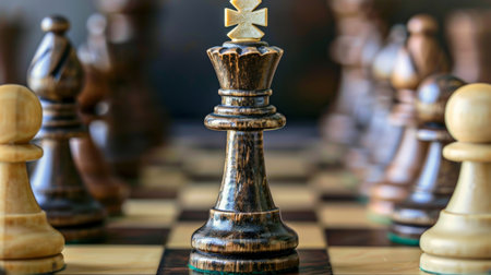 Wooden chess pieces on a chessboard. Selective focus.の素材