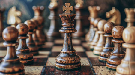 Chess pieces on a wooden chessboard. The concept of the game of chess.の素材