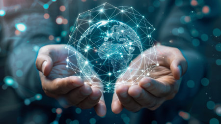 Businessman on blurred background holding and touching 3D rendering digital globe with his fingersの素材