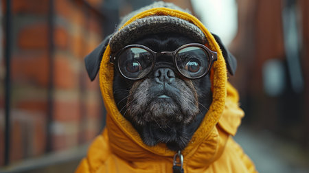 Funny black pug dog wearing a yellow jacket and glasses.の素材