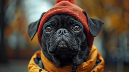 Cute black pug dog in a warm jacket and hat.の素材