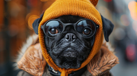 Portrait of a pug dog wearing a warm coat and sunglassesの素材