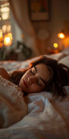 Young beautiful woman sleeping in bed at home in the morning. Cozy atmosphere.の素材