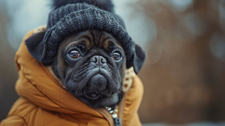 Portrait of a pug dog in a winter jacket and hatの素材