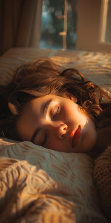 Portrait of a beautiful young woman sleeping in bed at home.の素材