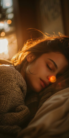 Beautiful young woman sleeping in bed at night. Close up.の素材