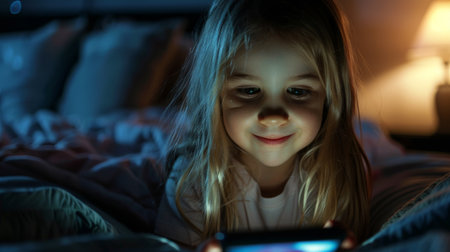 Cute little girl using smartphone while lying in bed at night.の素材