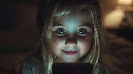 Cute little girl using smartphone in bed at night. Close-up portraitの素材