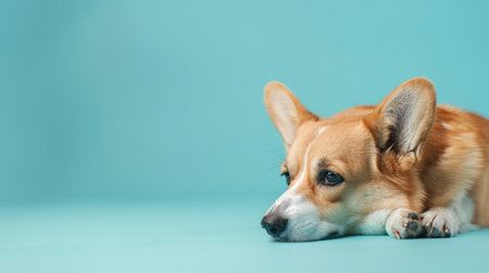 Cute welsh corgi dog lying on blue background with copy spaceの素材