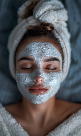 Top view of young woman with facial mask lying on bed at spa salonの素材