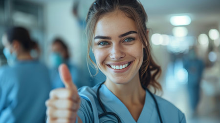 Portrait of smiling female nurse showing thumbs up while standing in hospital corridorの素材