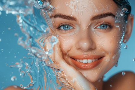 beautiful smiling young woman with water splash on face isolated on blueの素材