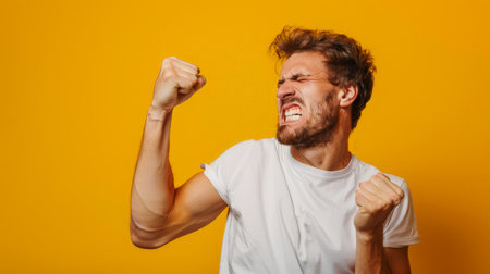 Portrait of a happy young man celebrating victory isolated over yellow backgroundの素材