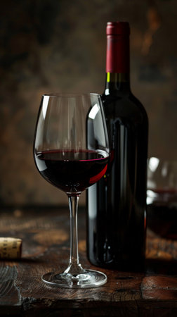 Wine bottle and glass of red wine on a wooden table.の素材