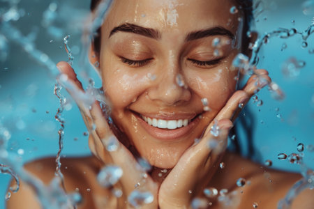 Close up portrait of smiling young woman with closed eyes taking shower in bathroomの素材