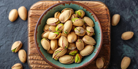 Pistachios nuts in bowl on dark background, top viewの素材