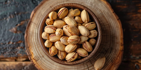 Pistachios in a wooden bowl on a rustic backgroundの素材