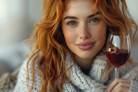 Close-up portrait of a beautiful red-haired girl with a glass of red wine.の素材