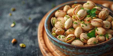 Pistachios nuts in bowl on dark background. Healthy vegetarian food.の素材