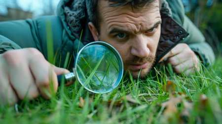 Man looking through a magnifying glass on green grass. Focus on the man.の素材