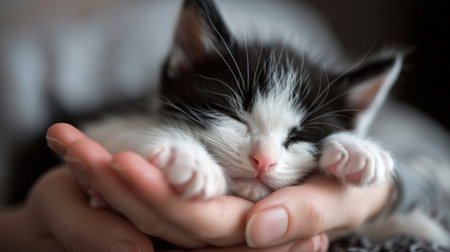 Cute black and white kitten sleeping in woman hands, close upの素材