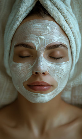 Beautiful young woman with a cosmetic mask on her face. Beauty treatment.の素材