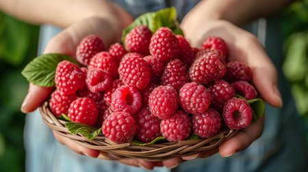 Woman holding bowl with fresh ripe raspberries in garden, closeupの素材