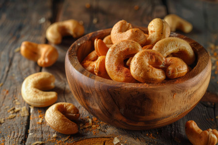 Cashew nuts in a wooden bowl on a rustic wooden backgroundの素材