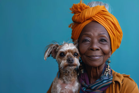 Portrait of senior African woman with her chihuahuaの素材