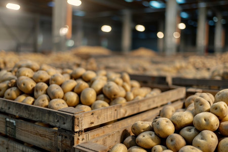 Potatoes in a wooden box in a warehouse. Industrial background.の素材