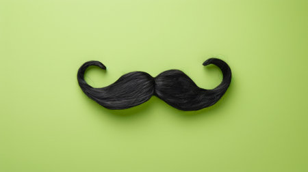 Black mustache on a green background. Flat lay, top view.の素材