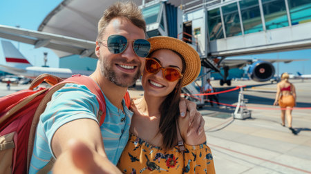happy couple in sunglasses taking selfie with smartphone while standing near airplane in airportの素材