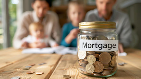 Mortgage concept with money in a glass jar and family backgroundの素材
