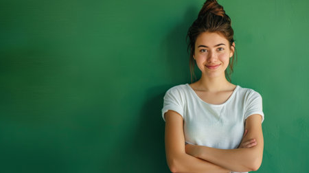 Portrait of a beautiful young girl in a white T-shirt on a green backgroundの素材