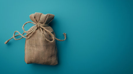 Bag of burlap on a blue background with space for textの素材