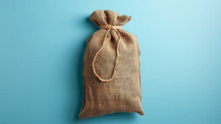 Bag of burlap on blue background, top view. Space for textの素材