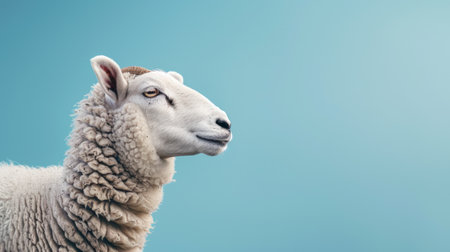 Sheep head isolated on blue background with copy space for text.の素材