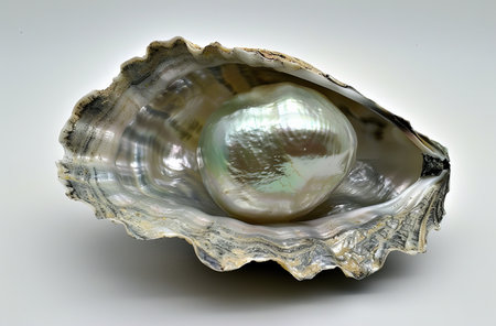 An oyster shell on a white background, close-up.の素材