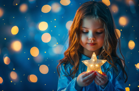 Little girl with christmas star on blue bokeh background.の素材