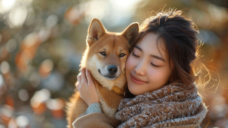 Beautiful asian woman hugging Shiba Inu dog in the parkの素材