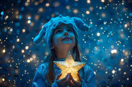 Cute little girl in a Christmas hat holding a star.の素材