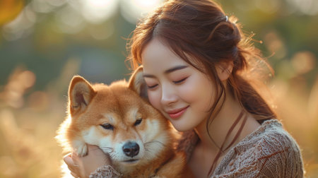 beautiful asian woman hugging shiba inu dog in autumn parkの素材