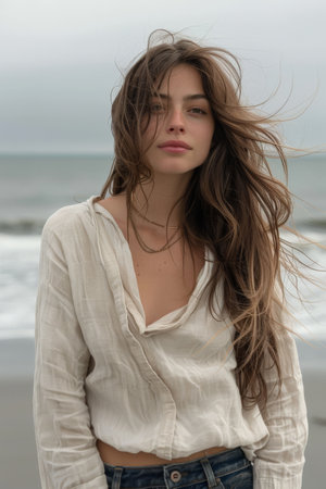 Portrait of a beautiful girl with long hair in a white shirt on the beach.の素材