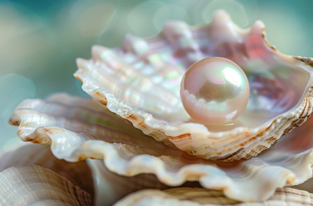 pearls in a seashell on a blue background. macroの素材