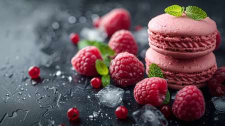 Macaroons with fresh raspberries and mint on black backgroundの素材