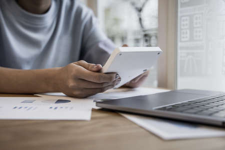 Financial or accounting professionals use a laptop to analyze the company's revenue-expenses graph...
